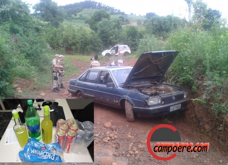 Veiculo chocou-se no barranco e no detalhe a bebida alcoólica. Foto montagem www.campoere_1.com