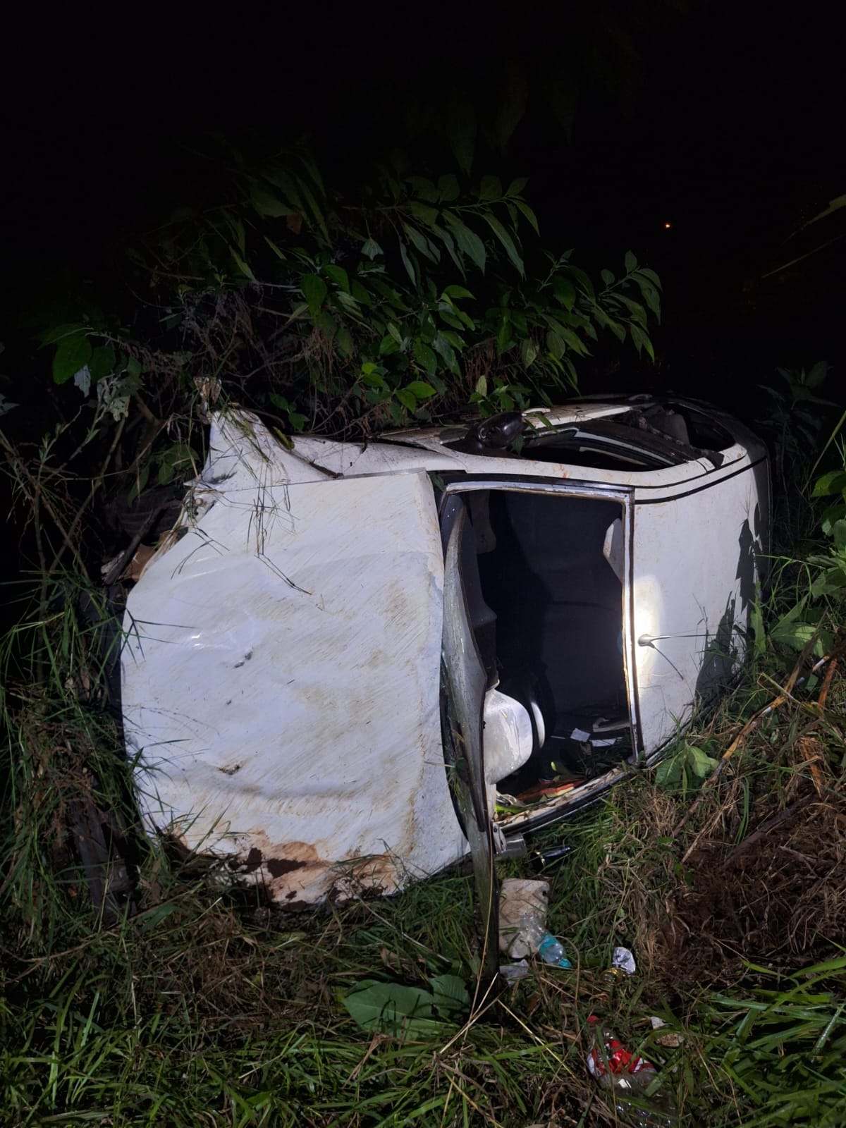 Veículo sai da pista e capota em meio a árvores na BR-163