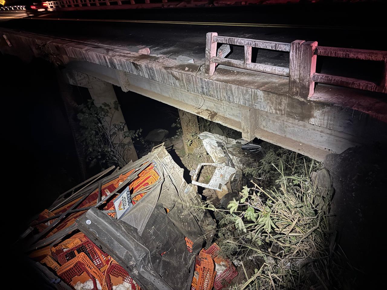 Caminhão carregado de frangos cai de ponte e motorista fica gravemente ferido em São Carlos