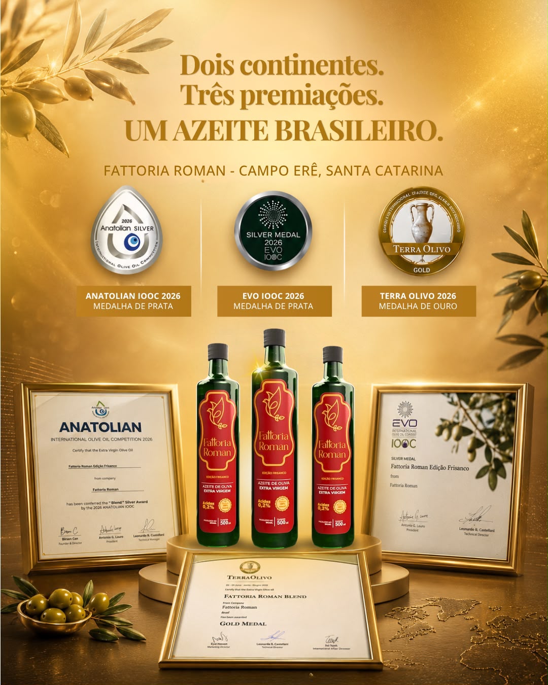 Azeite de oliva da Fattoria Roman conquista mais três medalhas em concursos internacionais