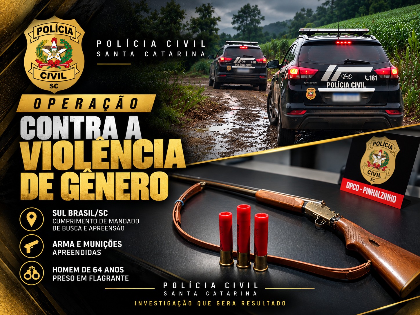 Homem de 64 anos é preso com arma ilegal após investigação de ameaças contra esposa em Sul Brasil