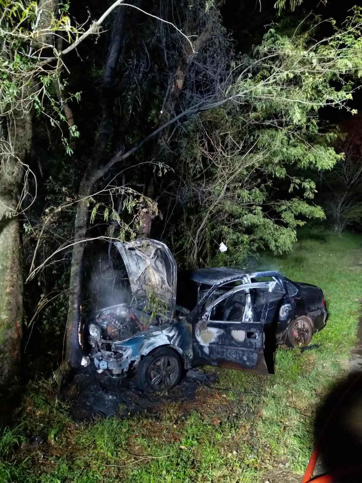 Veículo sai da pista, bate em árvore e pega fogo na SC-157, em Quilombo